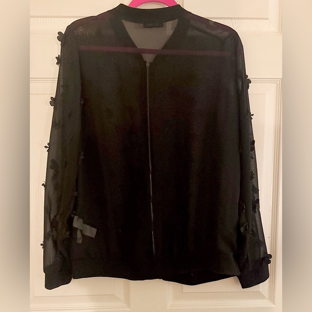 JustFab Black Sheer Bomber Jacket With Floral Appliqués - Picture 2 of 2